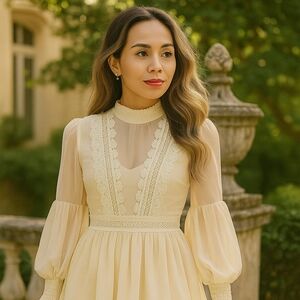 Stand Collar Sheer Lace Fairy Victorian Dress Cottagecore with Tulle Embroidery